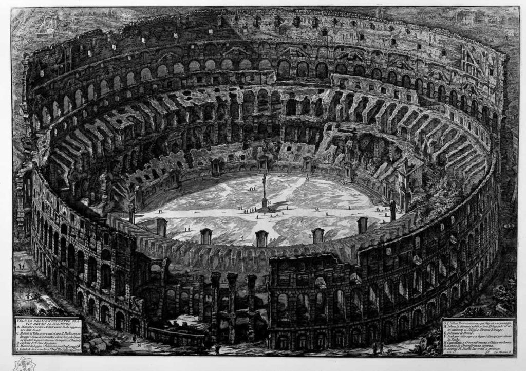 Incisione di Piranesi raffigurante il Colosseo con le edicole della "Via Crucis"